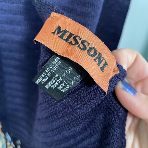 Missoni Wool Blend Knit Zigzag Designer Scarf Fringe Multicolour Blue Italy - Picture 8 of 11